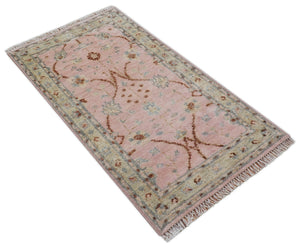Traditional Peach And Brown Hand Knotted 3x5 Wool Rug