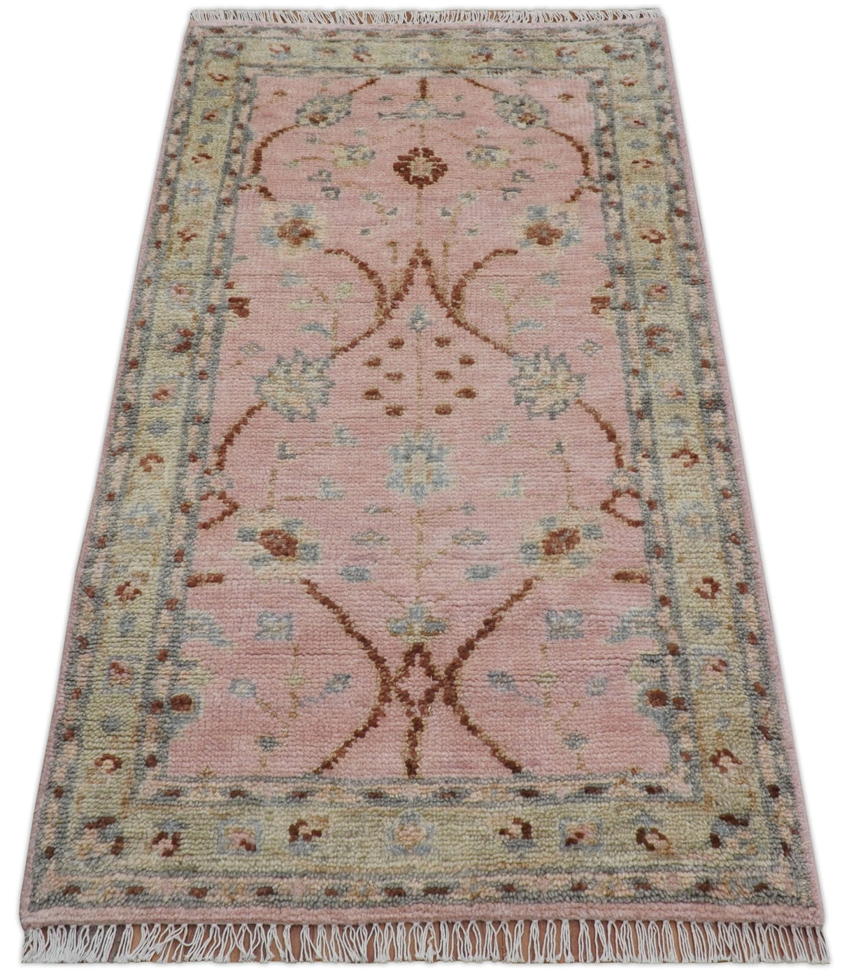 Traditional Peach And Brown Hand Knotted 3x5 Wool Rug