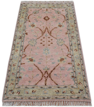Traditional Peach And Brown Hand Knotted 3x5 Wool Rug