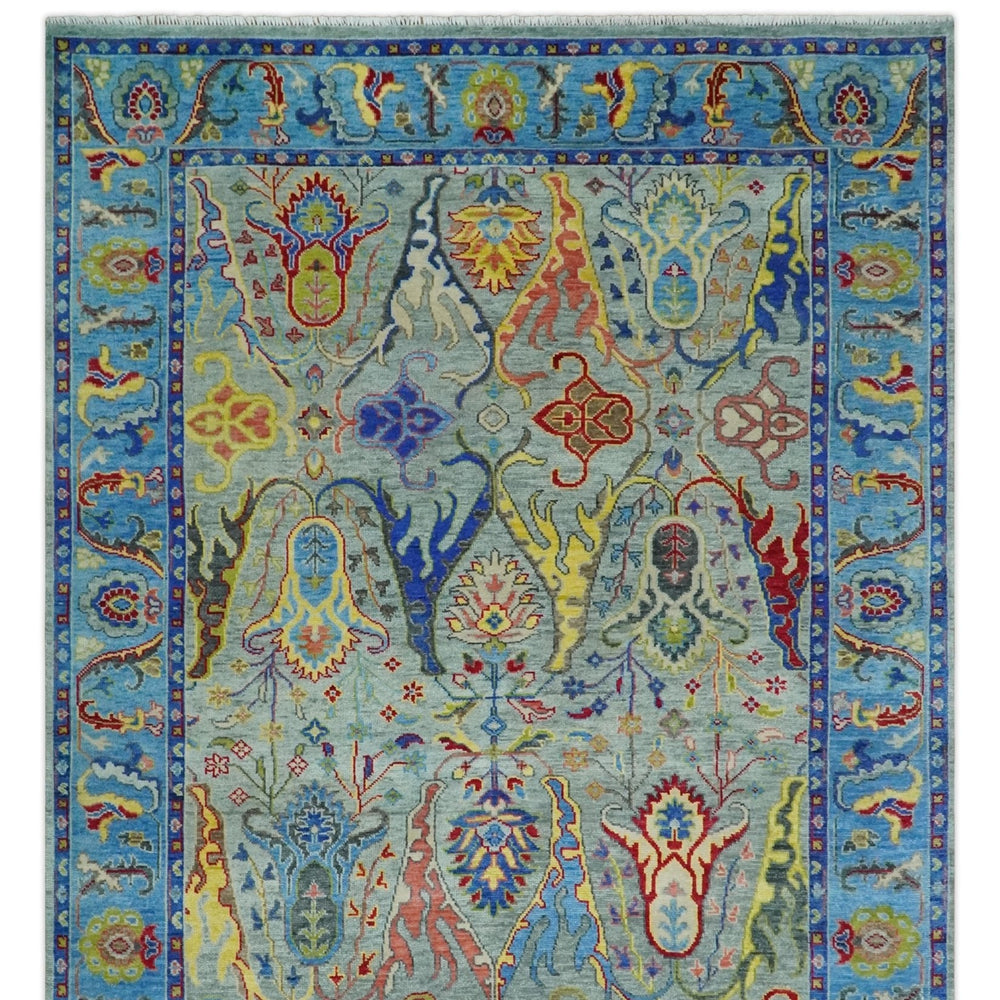 Traditional Silver and Blue Antique Style Colorful Hand knotted wool Area Rug