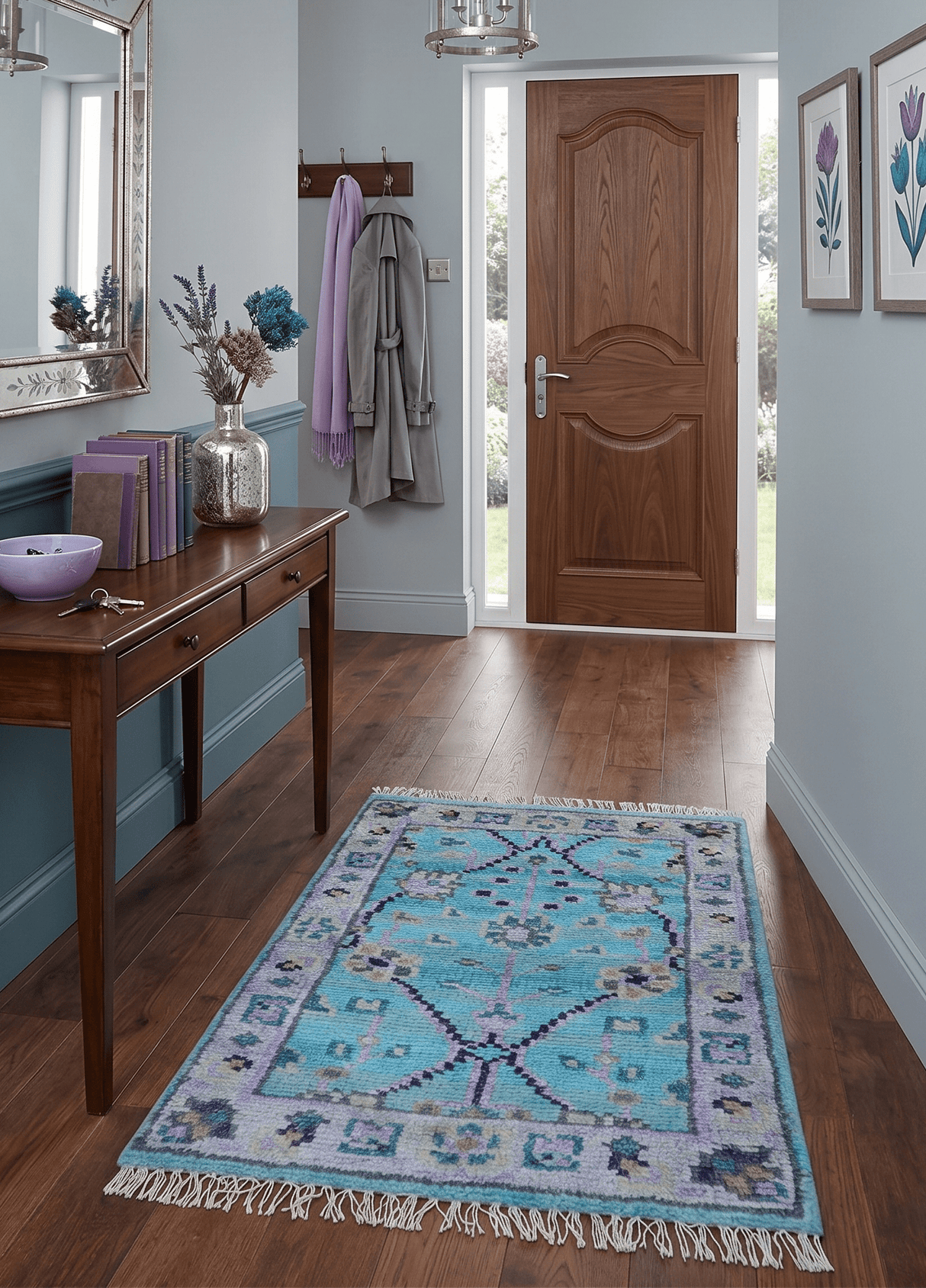 Traditional Style 2x3 Blue And Purple Hand Knotted Wool Rug