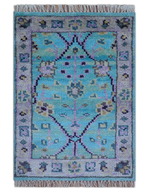 Traditional Style 2x3 Blue And Purple Hand Knotted Wool Rug
