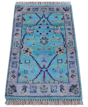 Traditional Style 2x3 Blue And Purple Hand Knotted Wool Rug