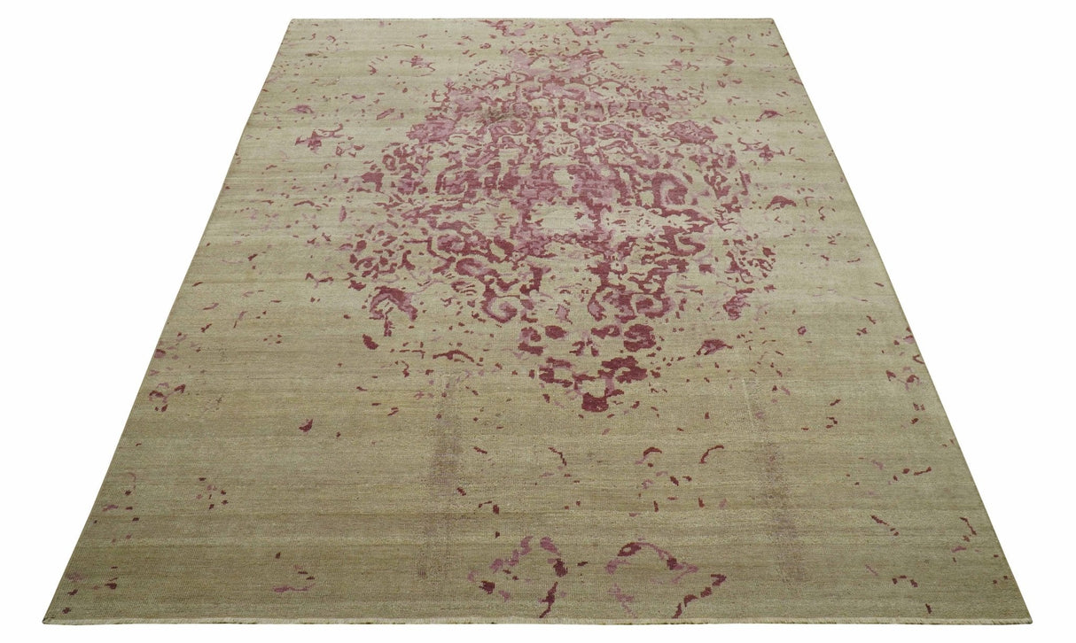 Traditional Transitional Beige And Pink Hand knotted Wool Area Rug