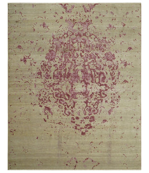 Traditional Transitional Beige And Pink Hand knotted Wool Area Rug