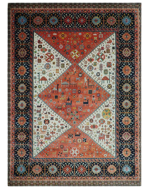 Traditional Tribal Rust And Ivory 8x11 Hand Knotted wool Area Rug