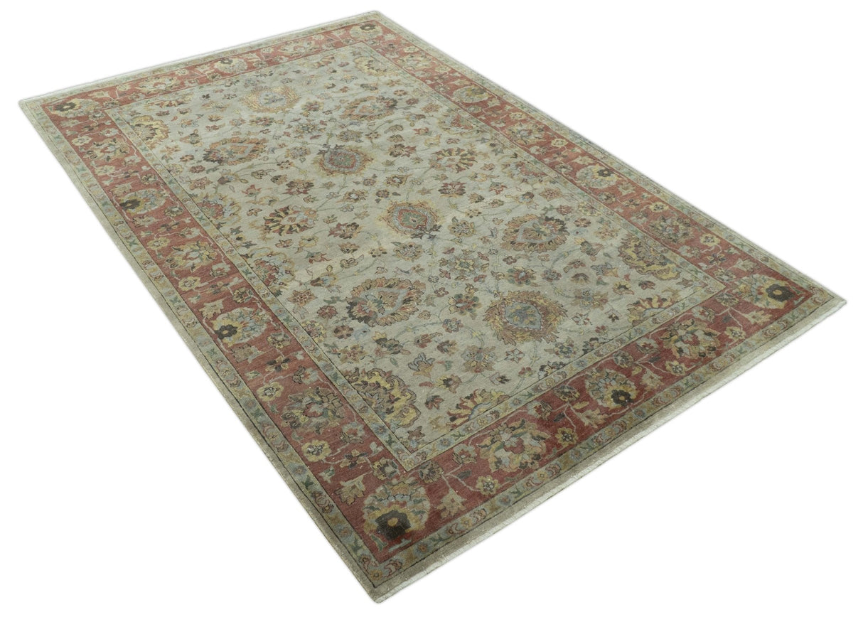 Traditional Turkish Design Beige and Rust 6x8.6 Hand Knotted Wool Area Rug