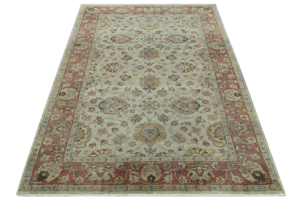Traditional Turkish Design Beige and Rust 6x8.6 Hand Knotted Wool Area Rug