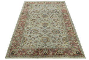 Traditional Turkish Design Beige and Rust 6x8.6 Hand Knotted Wool Area Rug