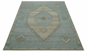 Traditional Medallion Design Blue and Beige Hand Knotted Wool Rug Custom Made