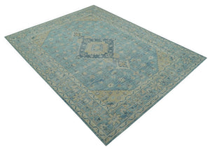Traditional Turkish Design Blue And Beige Hand Knotted Wool Area Rug