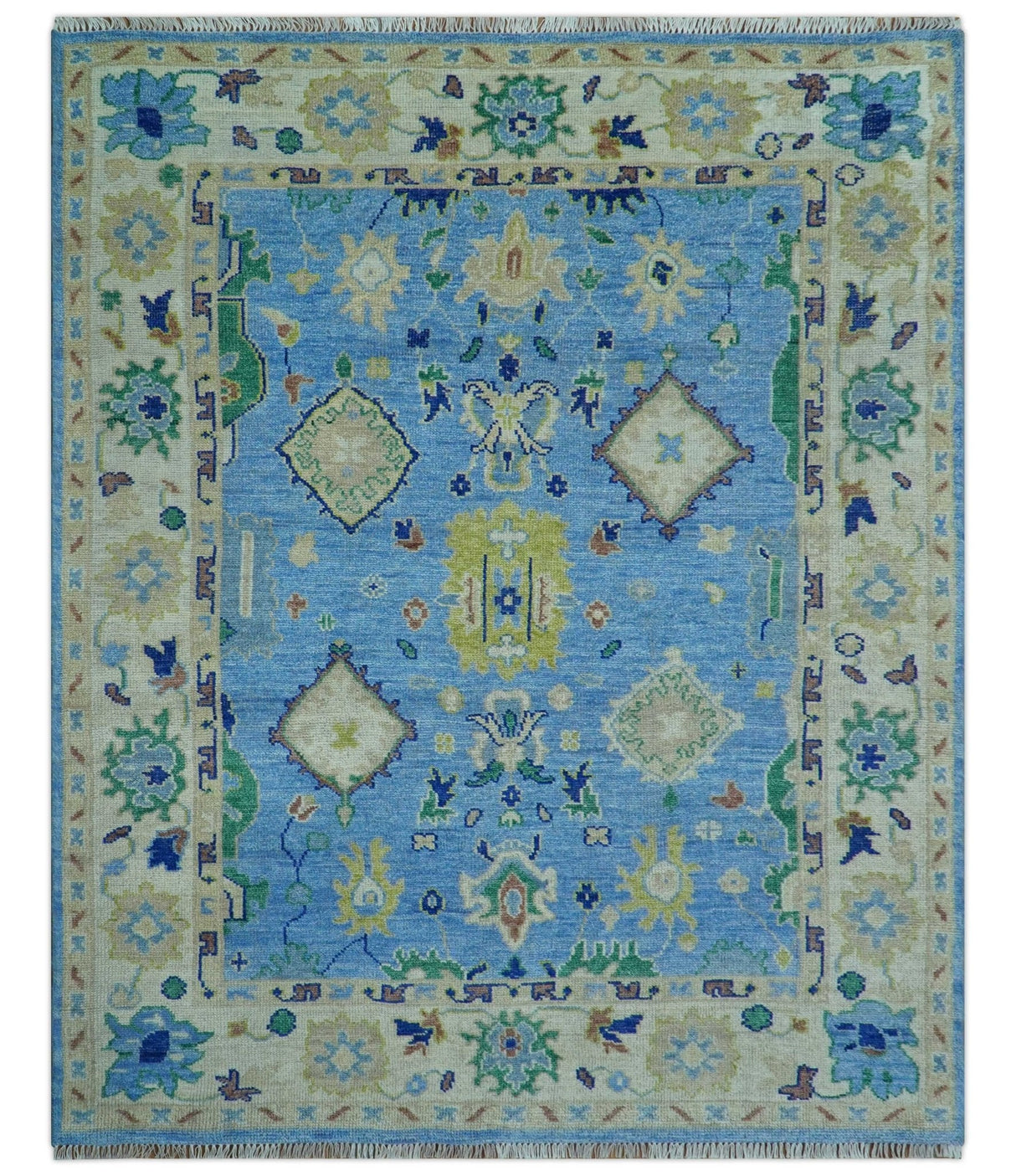 Traditional Turkish Design Blue And Ivory 8x10 Hand knotted Wool Rug
