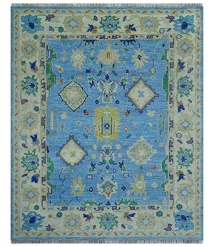 Traditional Turkish Design Blue And Ivory 8x10 Hand knotted Wool Rug