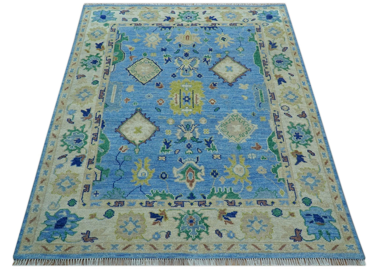 Traditional Turkish Design Blue And Ivory 8x10 Hand knotted Wool Rug