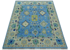 Traditional Turkish Design Blue And Ivory 8x10 Hand knotted Wool Rug