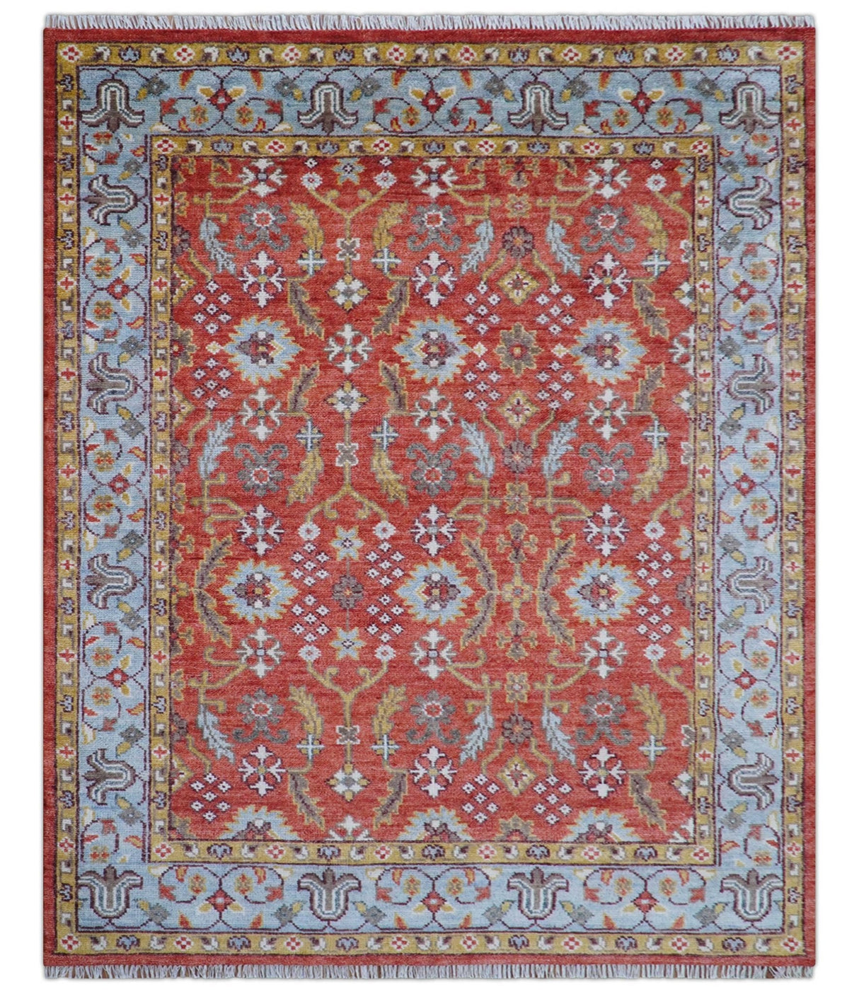 Traditional Turkish Design Rust And Blue Hand Knotted Wool Rug