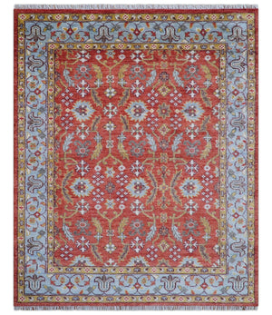 Traditional Turkish Design Rust And Blue Hand Knotted Wool Rug