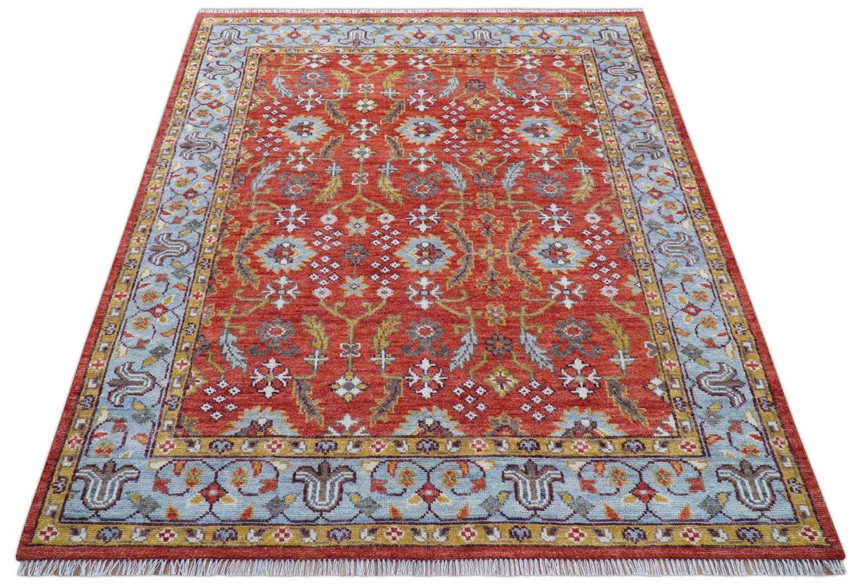 Traditional Turkish Design Rust And Blue Hand Knotted Wool Rug