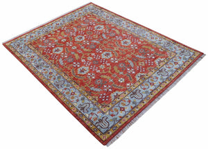 Traditional Turkish Design Rust And Blue Hand Knotted Wool Rug
