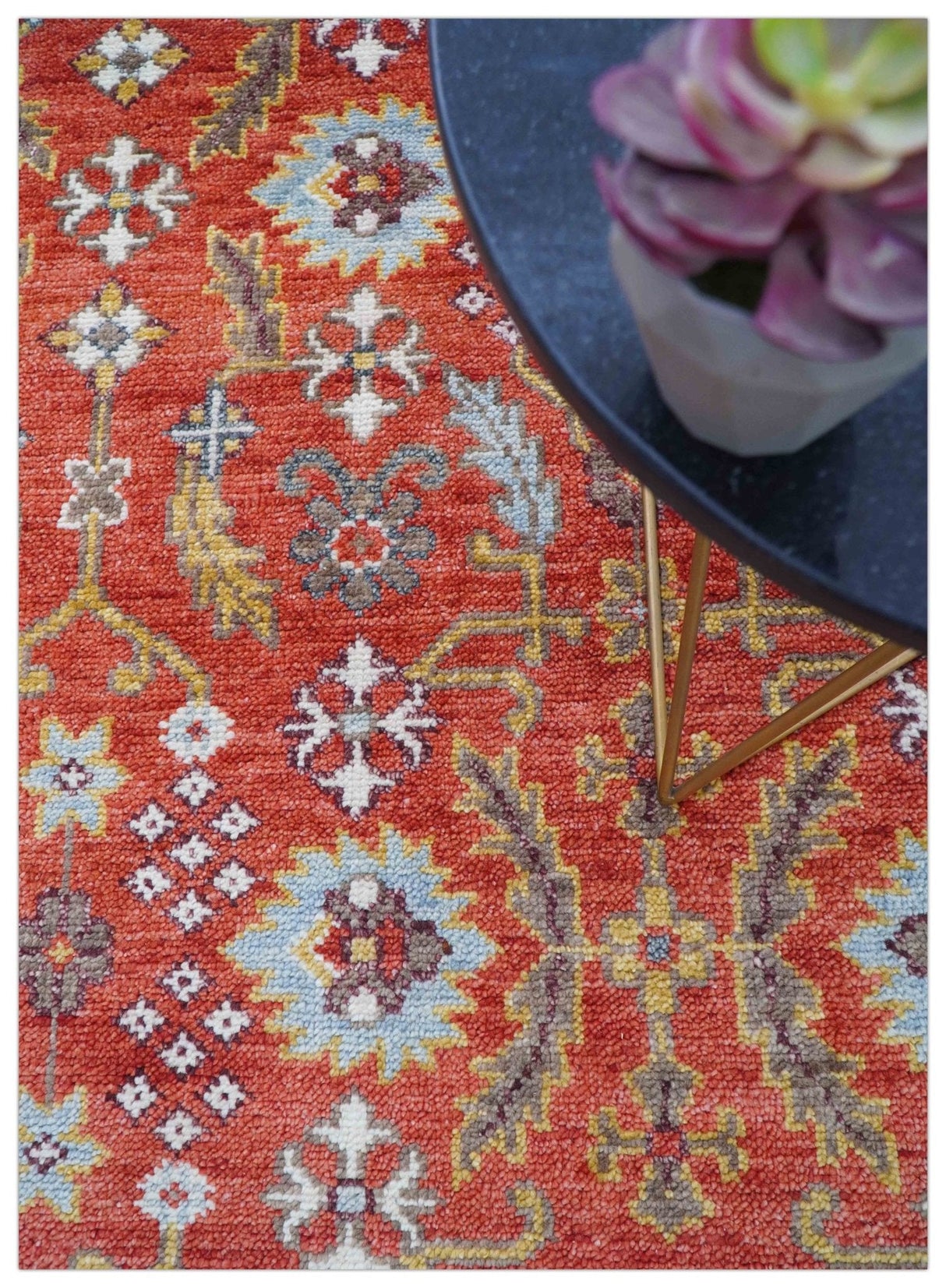 Traditional Turkish Design Rust And Blue Hand Knotted Wool Rug