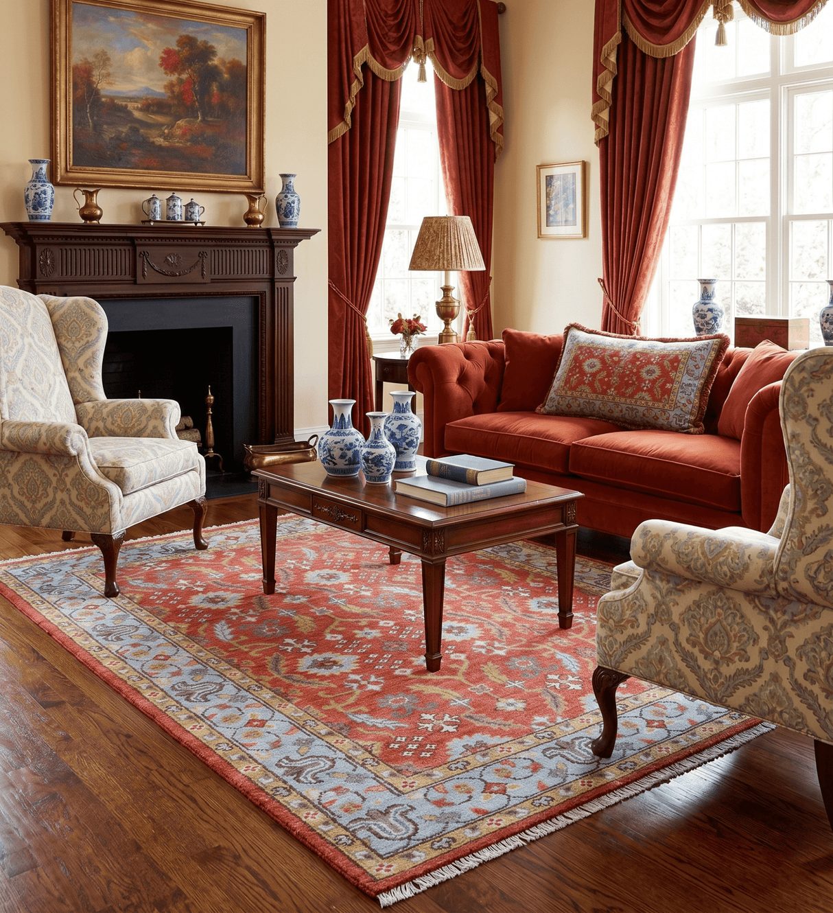 Traditional Turkish Design Rust And Blue Hand Knotted Wool Rug