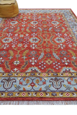Traditional Turkish Design Rust And Blue Hand Knotted Wool Rug