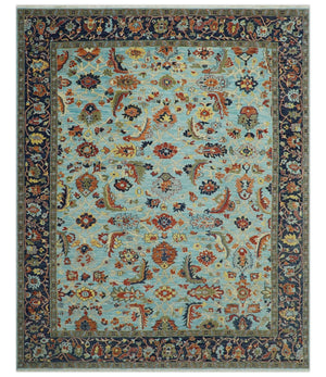 Traditional Turkish Knot Fine Blue And Rust Hand knotted Wool Area Rug