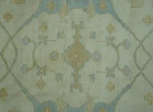 Traditional Turkish Oushak Design Beige And Blue Hand Knotted 12.4x15 Wool Area Rug