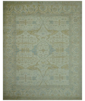 Traditional Turkish Oushak Design Beige And Blue Hand Knotted 12.4x15 Wool Area Rug