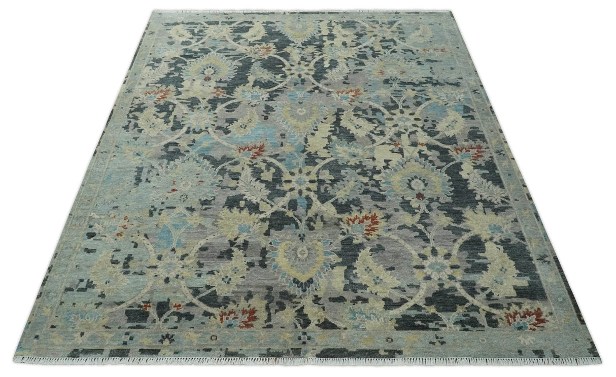 Transitional 9x12 Hand Knotted Silver, Charcoal and Beige Wool Area Rug
