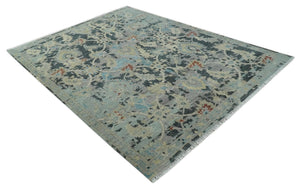 Transitional 9x12 Hand Knotted Silver, Charcoal and Beige Wool Area Rug