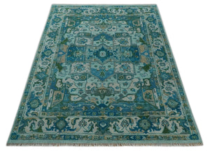 Transitional Aqua and Ivory Hand Knotted Antique 8x10 Traditional Wool Rug