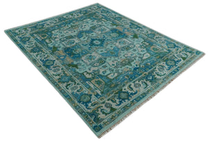 Transitional Aqua and Ivory Hand Knotted Antique 8x10 Traditional Wool Rug