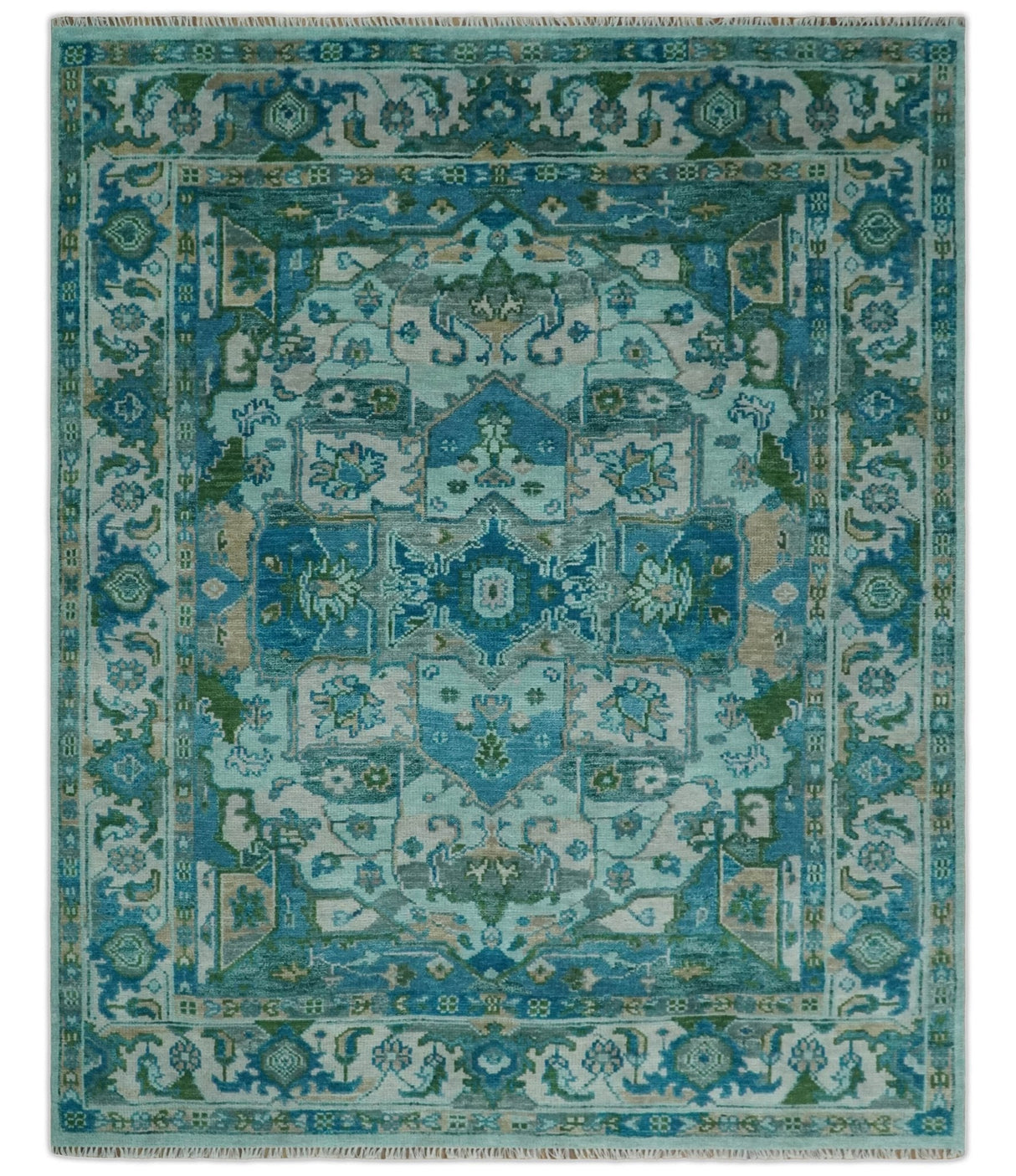 Transitional Aqua and Ivory Hand Knotted Antique 8x10 Traditional Wool Rug