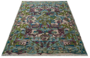 Transitional Hand Knotted Custom Made Green, Aqua, Peach and Purple Wool Rug