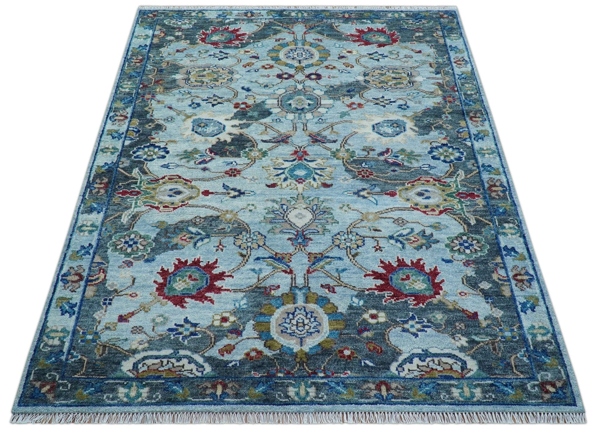 Transitional Oushak Design Red And Blue Hand Knotted Wool Rug
