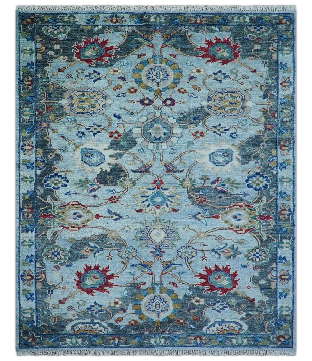 Transitional Oushak Design Red And Blue Hand Knotted Wool Rug