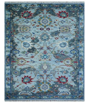 Transitional Oushak Design Red And Blue Hand Knotted Wool Rug