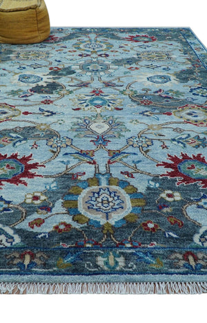 Transitional Oushak Design Red And Blue Hand Knotted Wool Rug
