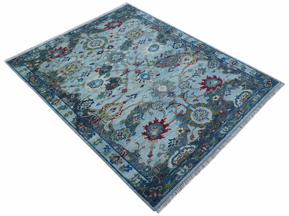 Transitional Oushak Design Red And Blue Hand Knotted Wool Rug