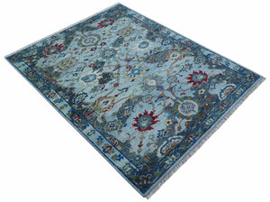 Transitional Oushak Design Red And Blue Hand Knotted Wool Rug