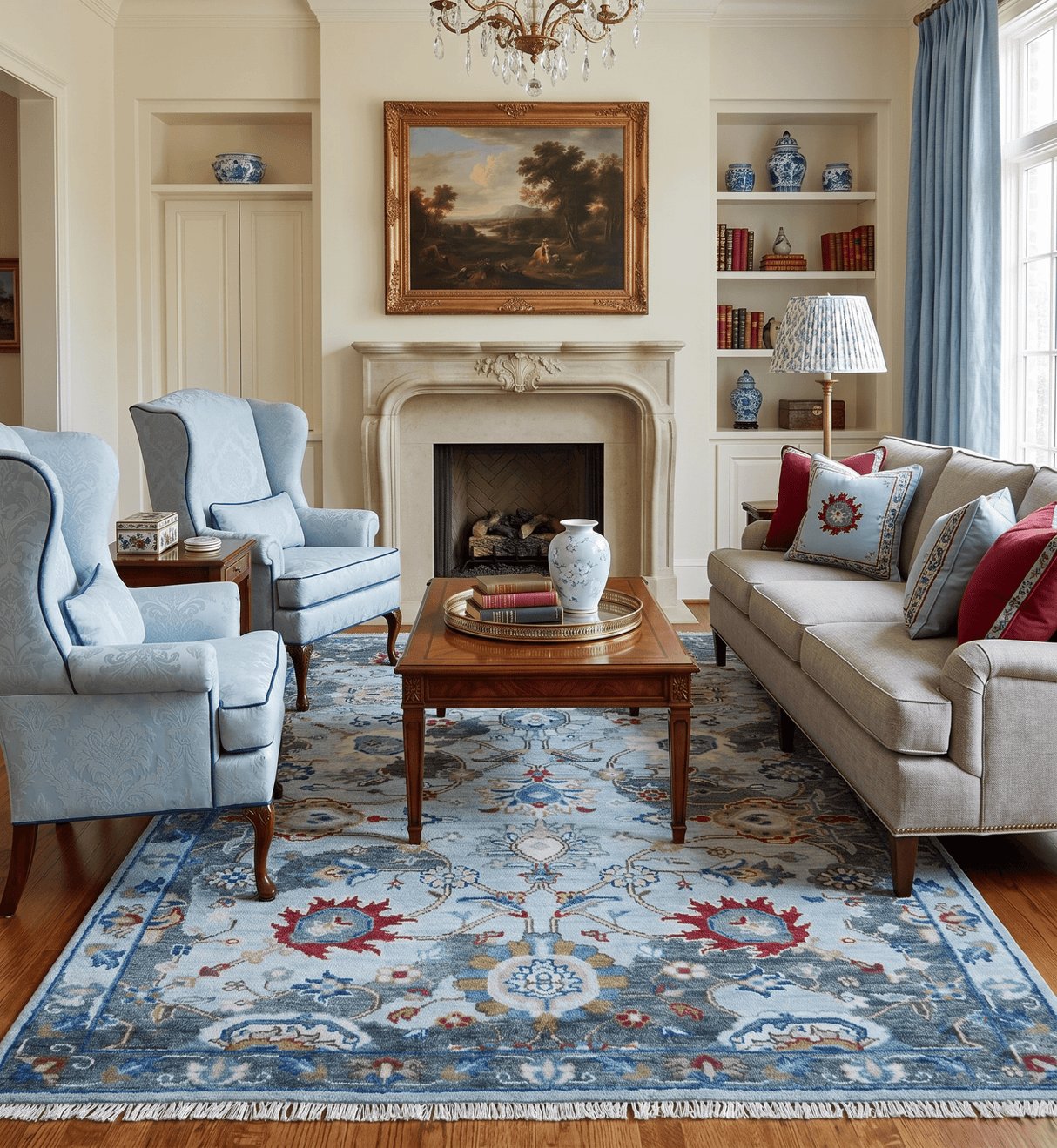 Transitional Oushak Design Red And Blue Hand Knotted Wool Rug