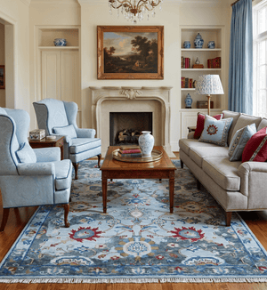 Transitional Oushak Design Red And Blue Hand Knotted Wool Rug