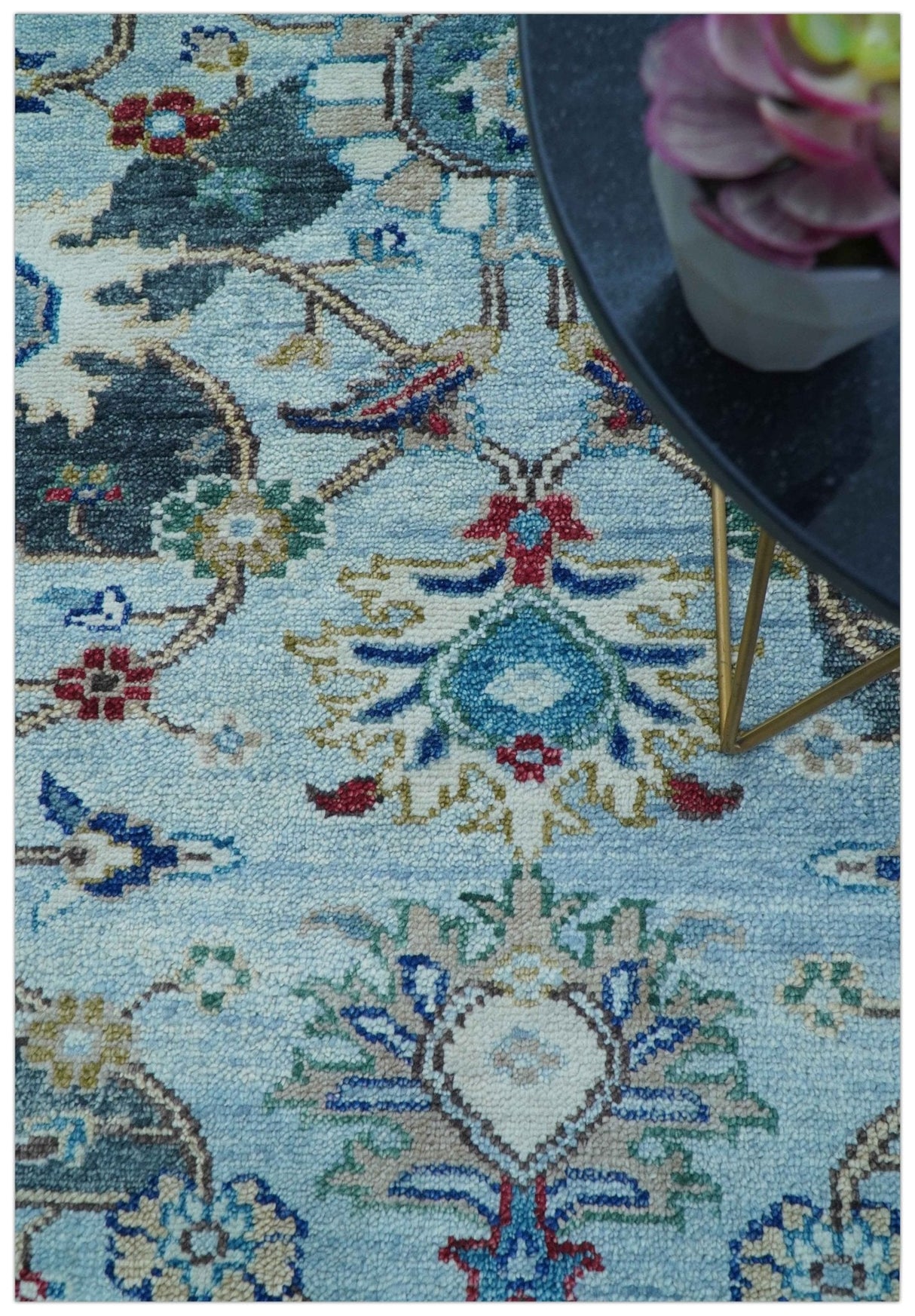 Transitional Oushak Design Red And Blue Hand Knotted Wool Rug