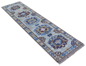 Transitional Silver And Brown Hand Knotted 2.7x10 Wool Rug