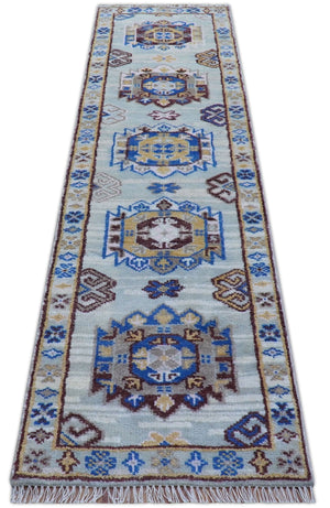 Transitional Silver And Brown Hand Knotted 2.7x10 Wool Rug