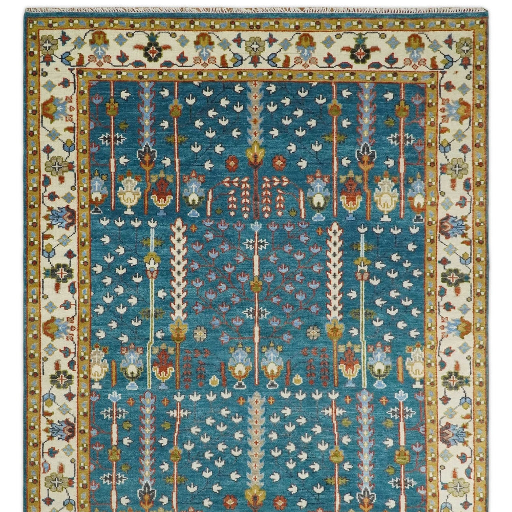 Tree of Life Traditional Hand Knotted Teal Blue and Ivory Custom Made Wool Area Rug