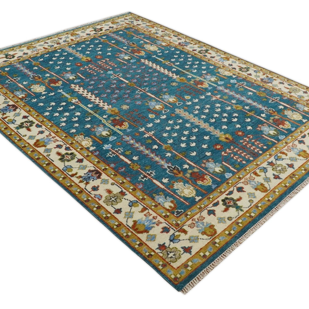 Tree of Life Traditional Hand Knotted Teal Blue and Ivory Custom Made Wool Area Rug