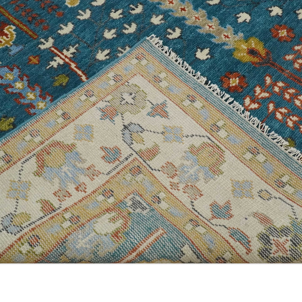 Tree of Life Traditional Hand Knotted Teal Blue and Ivory Custom Made Wool Area Rug