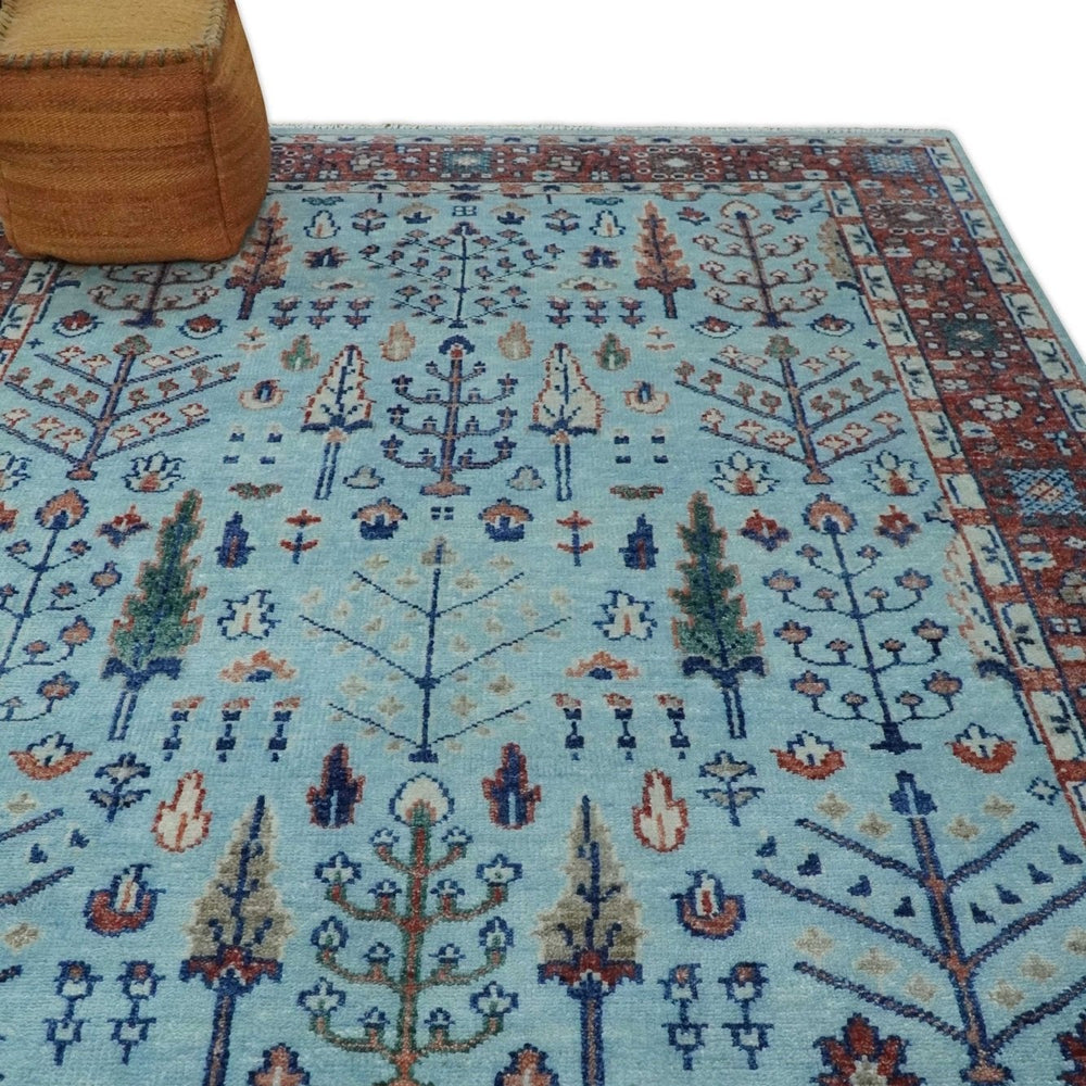 Tree of Life Hand Knotted Blue and Rust Oushak Custom Made Wool Rug